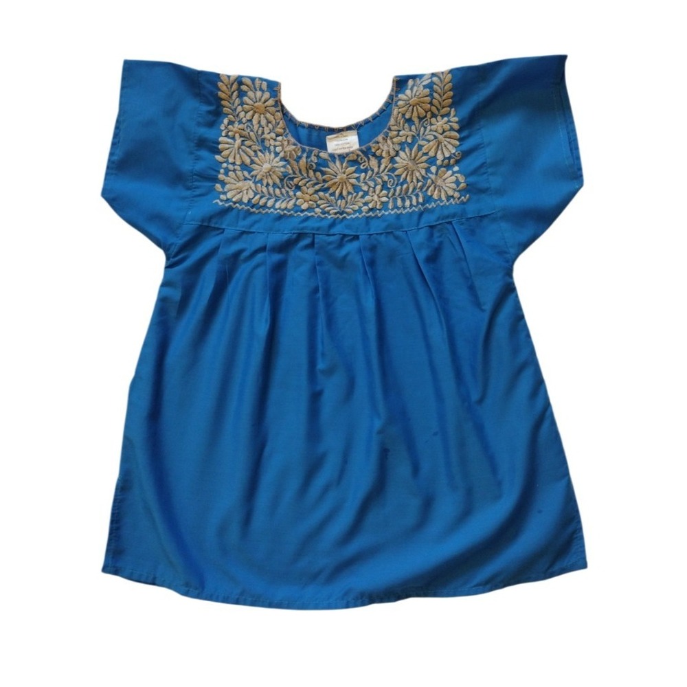 Mexican Peasant Blouse Women S Blue Embroidered‎  Vintage Style Short Sleeves